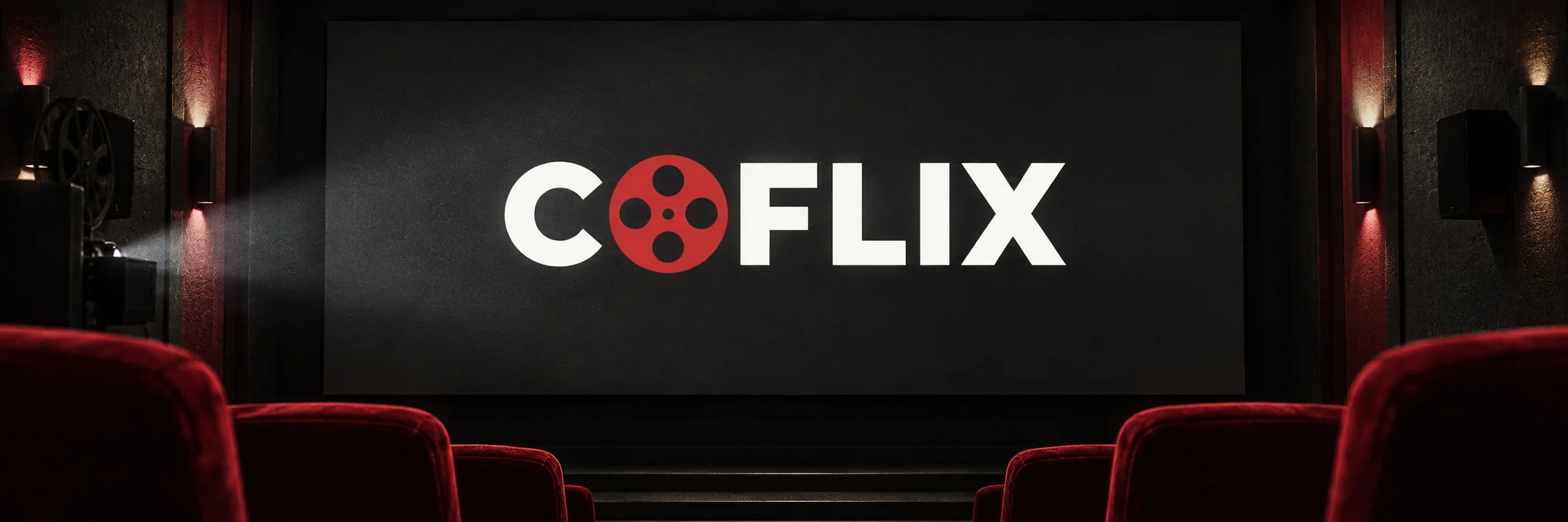 Coflix, lettres blanches et bobine rouge dans une salle de cinéma